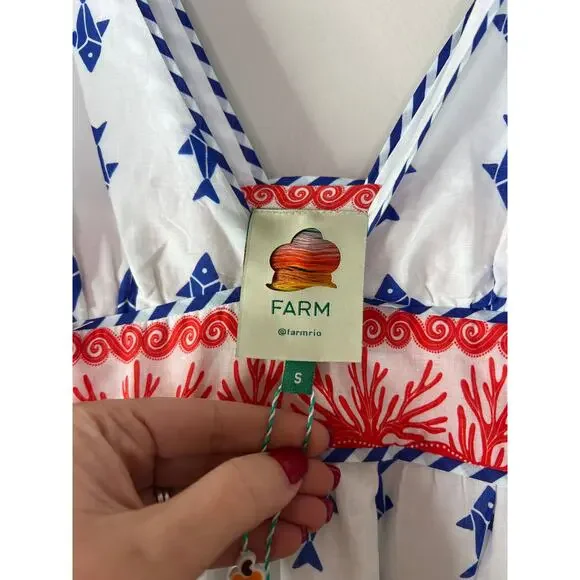 NWT Farm Rio V-neck Shoulder Tie Graphic Fishes Off White Tiered Dress Sz: Small - Picture 6 of 8